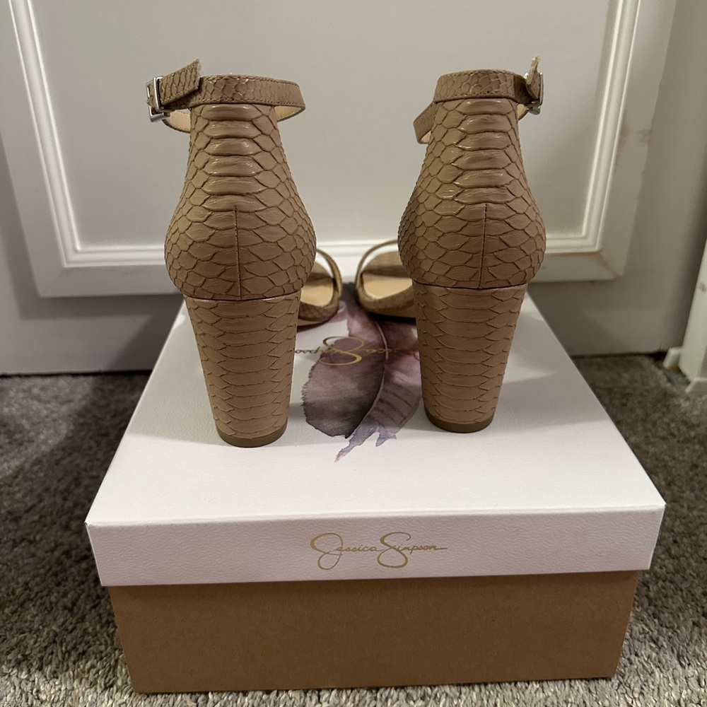Jessica Simpson Tan Nude Snake Embossed Block Heel Sandals - Picture 4 of 5